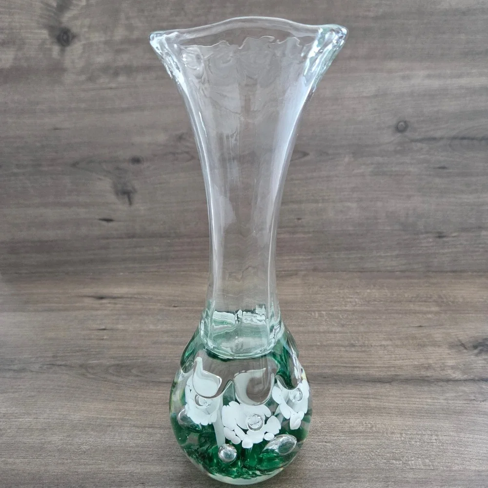 Bud Vase Clear White Green Floral Paperweight Base Ruffled Rim Hand-blown